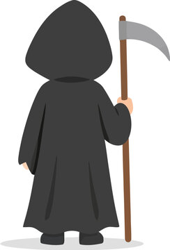 Grim reaper character holding a sharp scythe rendered as a simple and clean vector graphic illustration