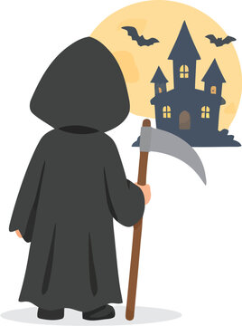 Grim reaper character holding a scythe standing before a spooky haunted house vector graphic art illustration
