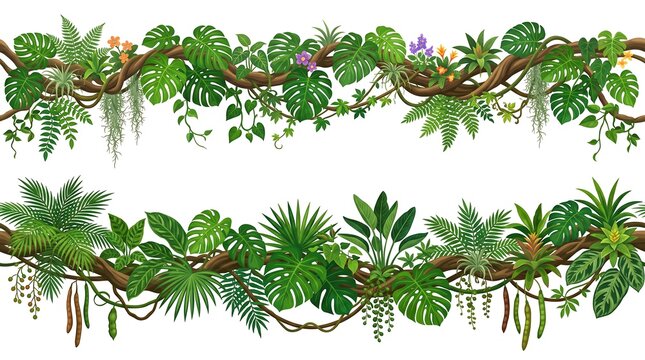 Jungle vines and tropical leaves seamless borders set isolated on white