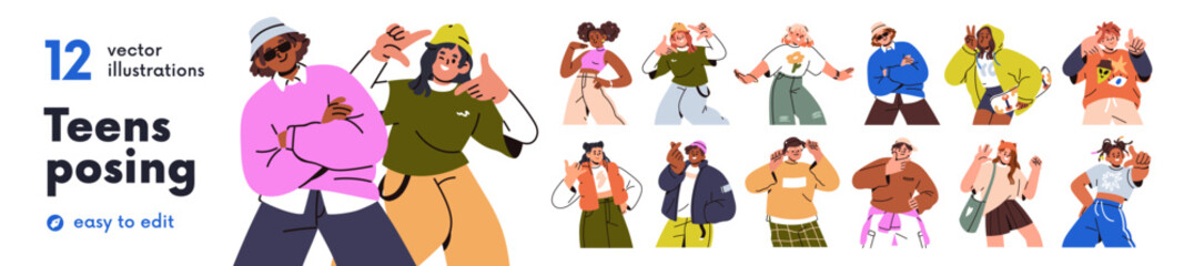 Fototapeta na wymiar Teen girls and boys, happy young characters. Teenagers, youth, diverse teen characters with modern trendy hand gestures, funny poses and expressions. Flat vector illustrations isolated on white