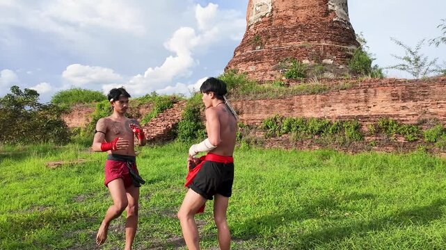 Muay Boran Fighters Sparring at Ancient Ayutthaya Temple Ruins