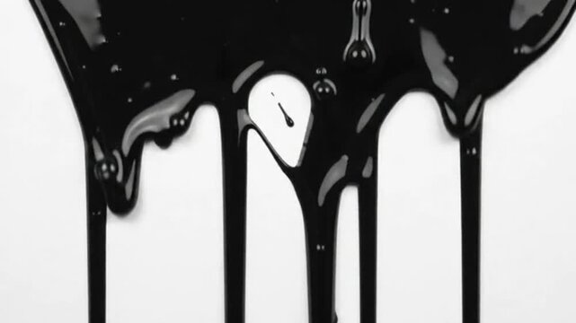 Black paint dripping down a white surface creating a high contrast abstract artistic background with smooth viscous liquid texture flowing vertically