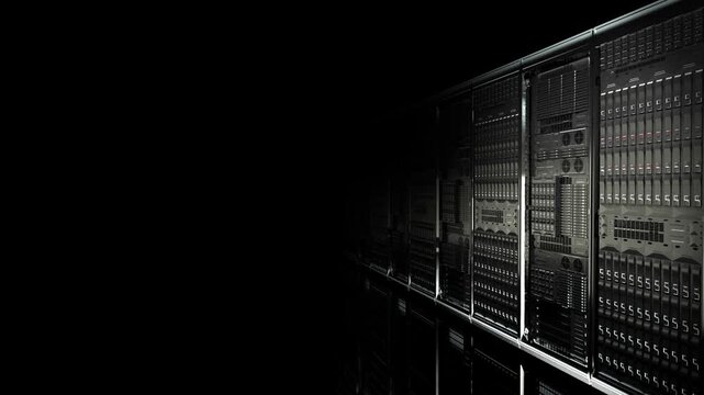 Broken data center server room racks with turned off down flashing offline status lights, forward camera movement of dark faulty mainframe supercomputer loop for system failure cyber attack error