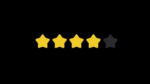 Evaluating customer satisfaction a hand cursor clicks on four bright yellow stars for great rating.