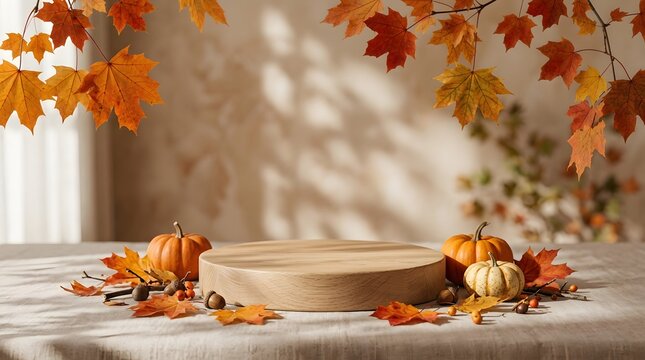 A beautiful autumn display with falling leaves pumpkins and a minimalist platform for product presentation