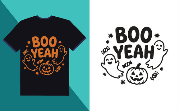 Halloween boo yeah tshirt design with ghosts pumpkin candy and stars for holiday apparel and vector graphics