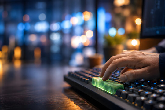 Hand pressing glowing green spacebar key on computer keyboard in dark office, digital technology and sustainable productivity concept.