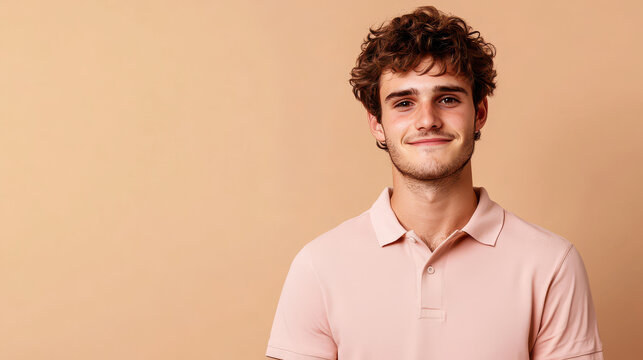 Cheerful young man with curly hair wearing pink polo shirt, smiling against neutral background, radiating positivity and confidence