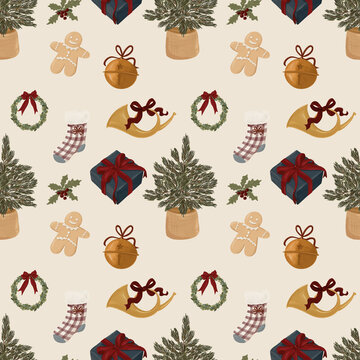 Christmas Gifts and Ornaments Seamless Pattern
