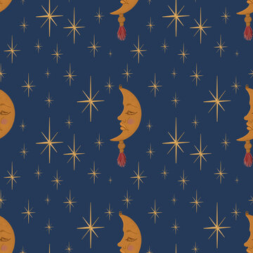 Celestial Moon and Stars Christmas Seamless Pattern