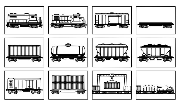 Freight Train Cargo Railway Vector Icon Set Featuring Locomotive Container Cars Boxcars Tank Wagons Hoppers Flatcars Logistics Transportation Symbols