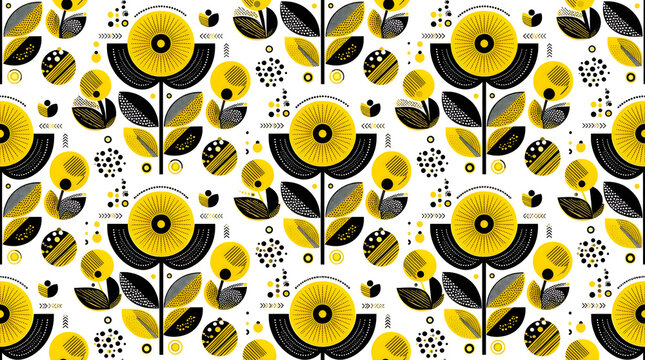 Seamless pattern of stylized yellow flowers and dark leaves in a decorative folk art style with decorative floral stylized plant botanical patte