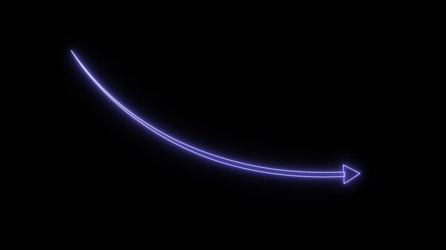 Glowing neon arrow curves downwards on black background, abstract technology motion graphic.
