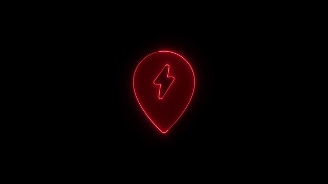 Red neon map pin icon with lightning bolt symbol flashing on black background for electric vehicle charging station loc.