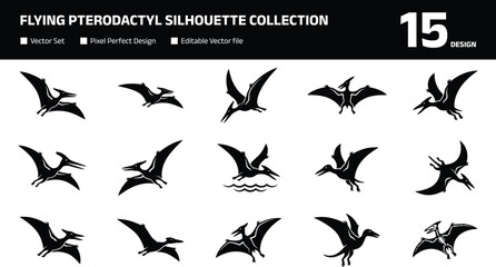 Flying Pterodactyl Silhouette Collection with Jurassic Dinosaur and Prehistoric Animal Symbols for History Graphic Design Projects © SunilKumar