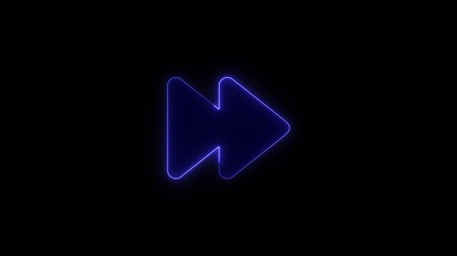 Fast forward button glowing blue neon icon animation on black background, digital media player control element.