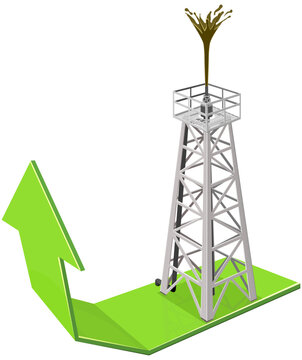 Isometric oil derrick gushing petroleum on an upward green growth arrow, symbolizing booming energy markets and fuel profits. (cut out)