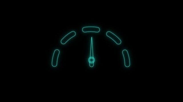 Neon fuel gauge icon with moving needle on black background illustrating energy consumption in digital motion graphic.