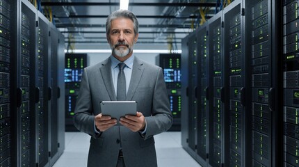 Fototapeta premium Confident middle aged CTO stands in modern data center with digital tablet. Mature businessman manages server room, cloud computing network. Pro leader controls big data storage, cybersecurity,