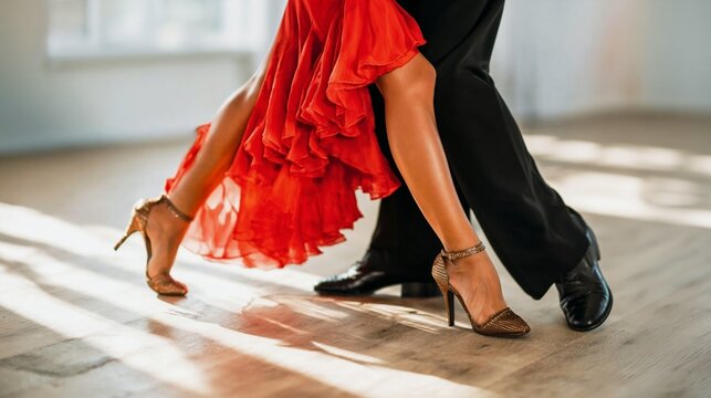 Close up legs passionate professional ballroom dancers, couple performing an elegant tango routine while wearing a vibrant ruffled red dress and classic black trousers on a bright wooden dance floor