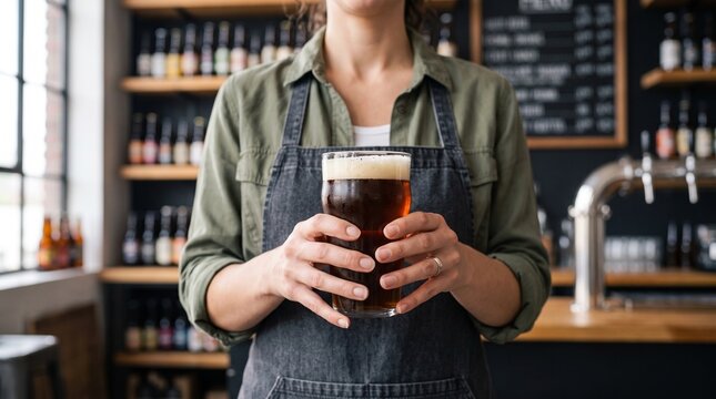 Close up of barista holding fresh cold pint of dark craft beer in glass at pub counter female bartender presenting draft alcoholic beverage in local brewery restaurant hospitality business shot