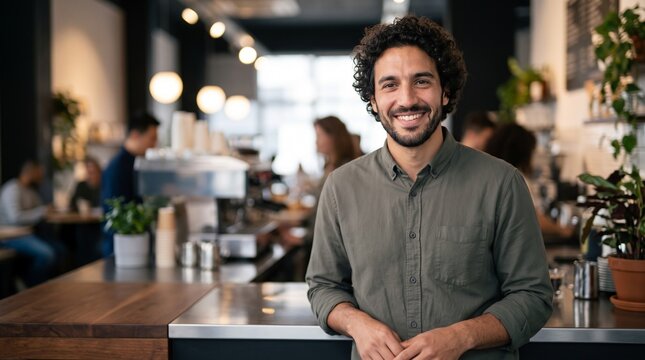 Smiling young male coffee shop owner with curly hair and beard standing at modern cafe counter, small business entrepreneur representing professional hospitality service and great management.