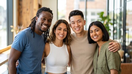 Obraz premium Happy diverse multiethnic young business team embracing and smiling together, multicultural friends group, cheerful colleagues, small business startup partners, diversity in office portrait.