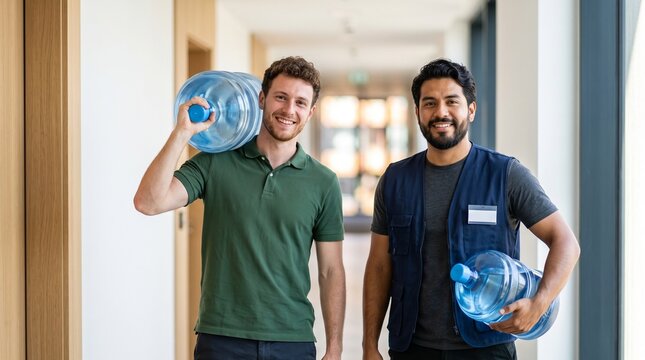 Two smiling male delivery workers carrying large drinking water bottles in corporate office hallway commercial logistics service bottled water delivery company employees staff working indoor