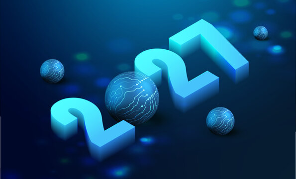 Happy New Year 2027 isometric banner in technology style. Ai new year card vector background with circuit Christmas ball. Happy holiday high tech design. 
