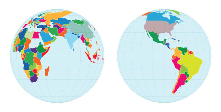Colorful world globe illustrations showing different continents and countries, designed for geography, travel, education, mapping, and editable vector projects.
