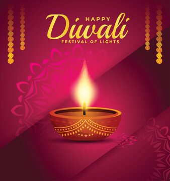 Happy diwali festival of lights greeting card design, traditional clay diya lamps, mandala, marigold flower garland, festive background