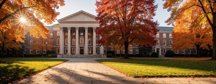 Majestic university building facade with grand columns and entry. Rich green lawn and vibrant autumn trees frame the academic structure. Sunny day illuminates fall campus scenery.