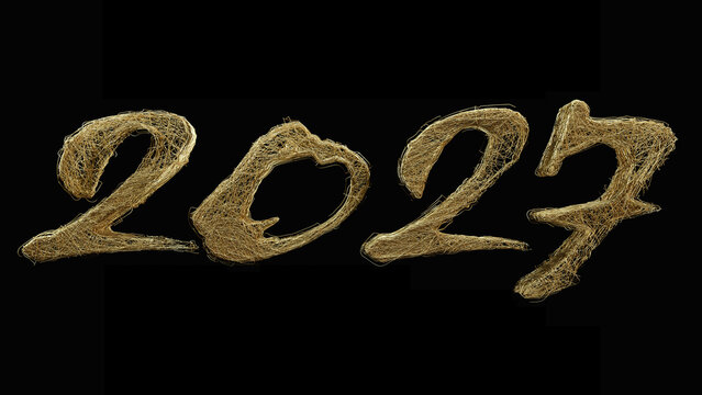 3D Gold Wireframe 2027 Abstract Typography on Black Background 3D Render