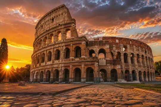 A stunning sunset view of the iconic Colosseum in Rome, Italy, showcasing its ancient stone architecture and arches under a dramatic golden hour sky.