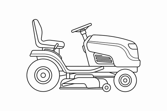 Lawn Mower Line Art. Riding Lawn Tractor and Garden Maintenance Equipment. Landscaping Gardening and Outdoor Work Concept. Clean Minimal Vector Illustration