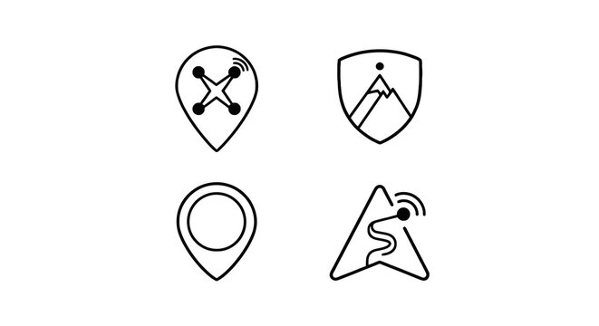 Minimalist Black Location Pin Icon Set - Navigation, Compass, Mountain, Route Symbols.