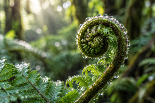 Silver fern frond unfurling with dewdrops in a rainforest.
