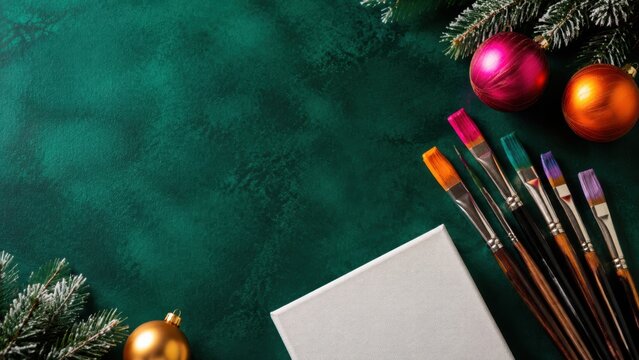 Christmas-themed flat lay with paintbrushes, blank canvas, and colorful ornaments on a green background, featuring pine branches and festive decorations