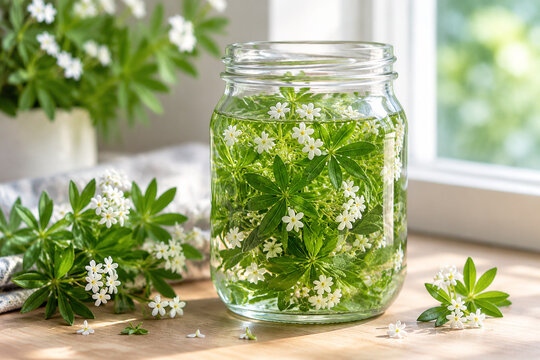 Fresh sprigs of sweet woodruff submerged in clear liquid in a jar.