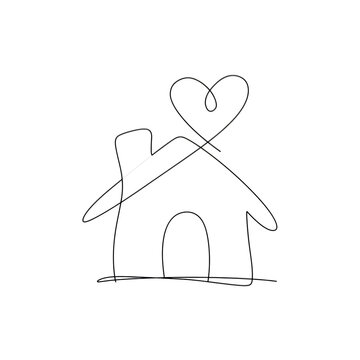 Minimalist house symbol featuring an elegant heart shape drawn with a single continuous black ink line on transparent background
