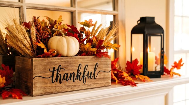 Rustic wooden box with the word thankful surrounded by autumn leaves and a glowing candle lantern decoration