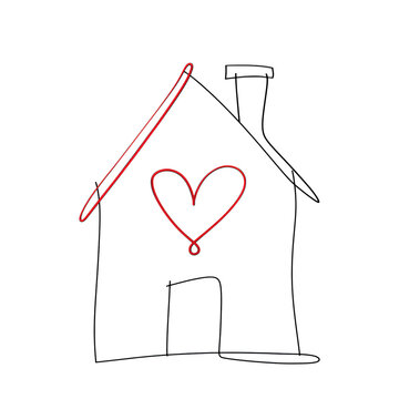 Minimalist hand drawn house sketch with a central red heart icon rendered as a simple continuous line on transparent background