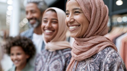 Obraz premium Family of four wearing hijabs and traditional clothing smiling together in a modern retail store with clothing racks and soft lighting in the background