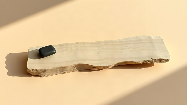 Weathered sandstone slab with smooth black stone and shadow, natural texture and zen balance concept