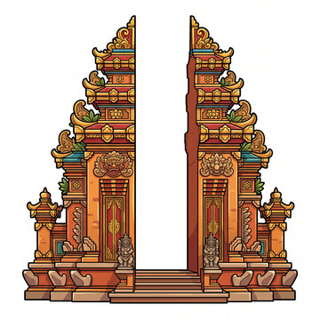 Balinese Gate Gapura Cartoon Game Asset, 2D Vector Illustration with Bold Outlines
