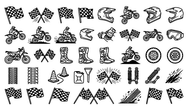 Motocross and Dirt Bike Racing Icon Set Featuring Checkered Flags, Helmets, Riders, Boots, Tires, and Suspension Parts for Motorsport Graphic Designs