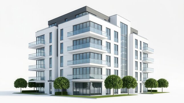 Luxury condo building or apartment complex, isolated on white background in 3D render.
