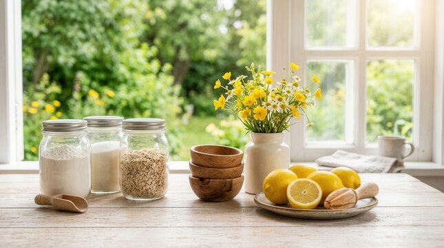 Blurred kitchen summer window background serving as the backdrop for a bleached wooden table top.