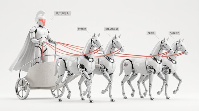 Futuristic AI Chariot With Robotic Horses Representing Expert, Strategist, Critic and Copilot Roles in Leadership