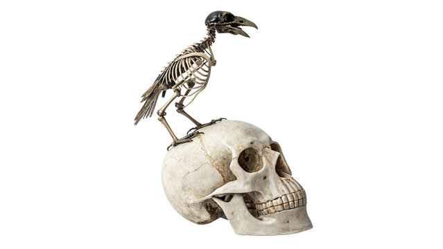 Spooky wild black bird standing on a human skull isolated on transparent background